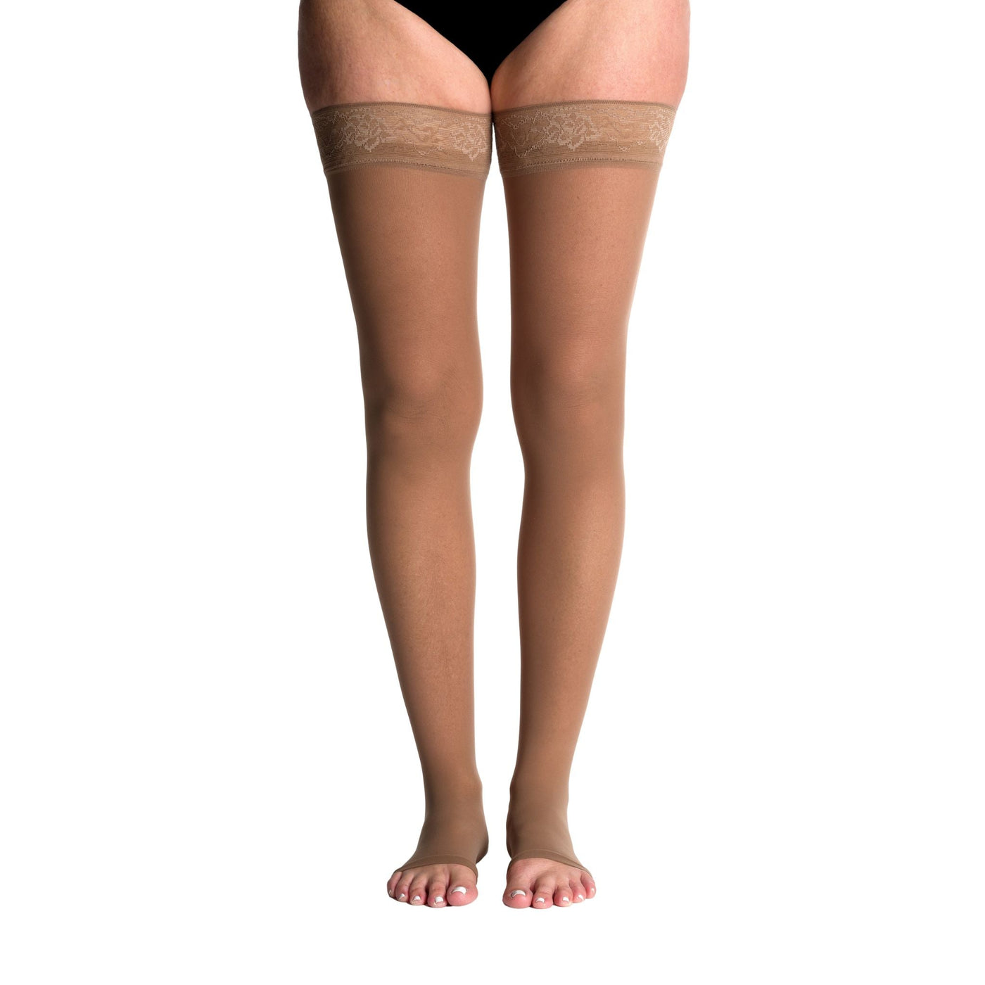 side view of open toe cafe thigh high sheer compression socks