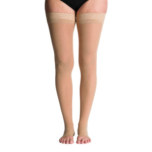 side view of open toe golden thigh high sheer compression socks