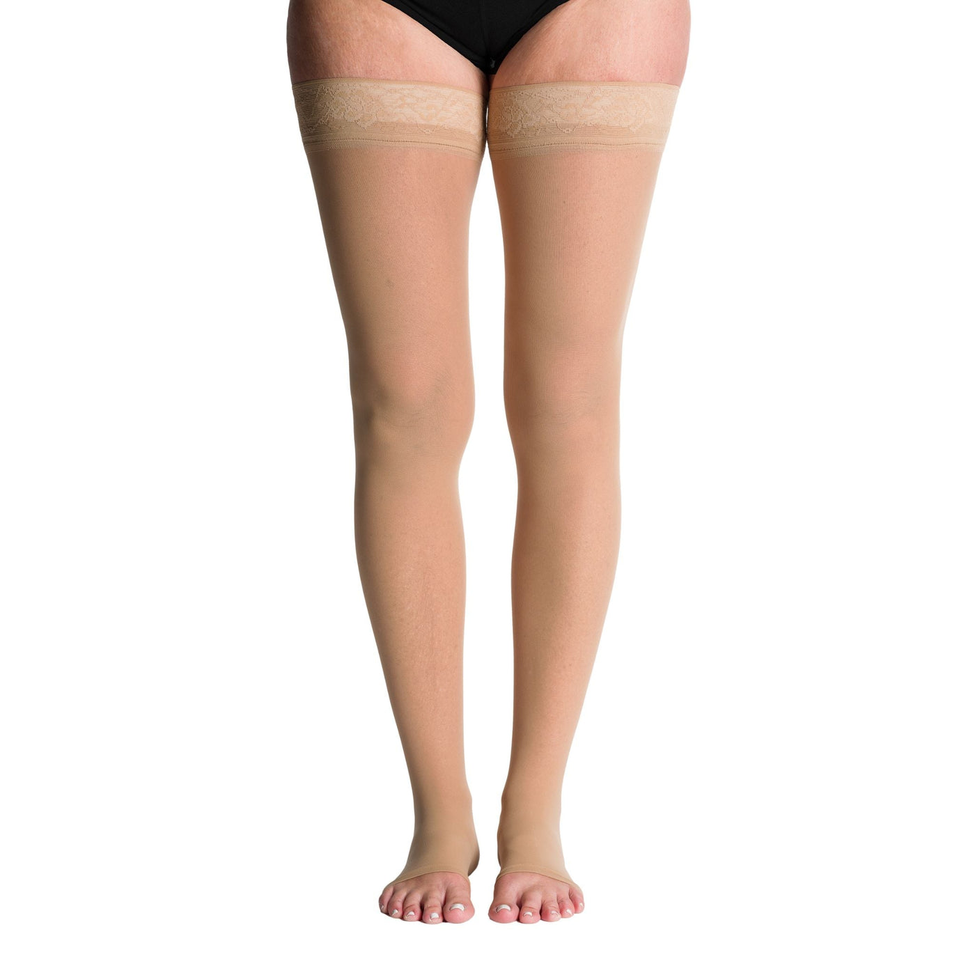 side view of open toe golden thigh high sheer compression socks