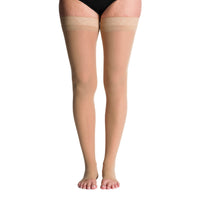 side view of open toe golden thigh high sheer compression socks