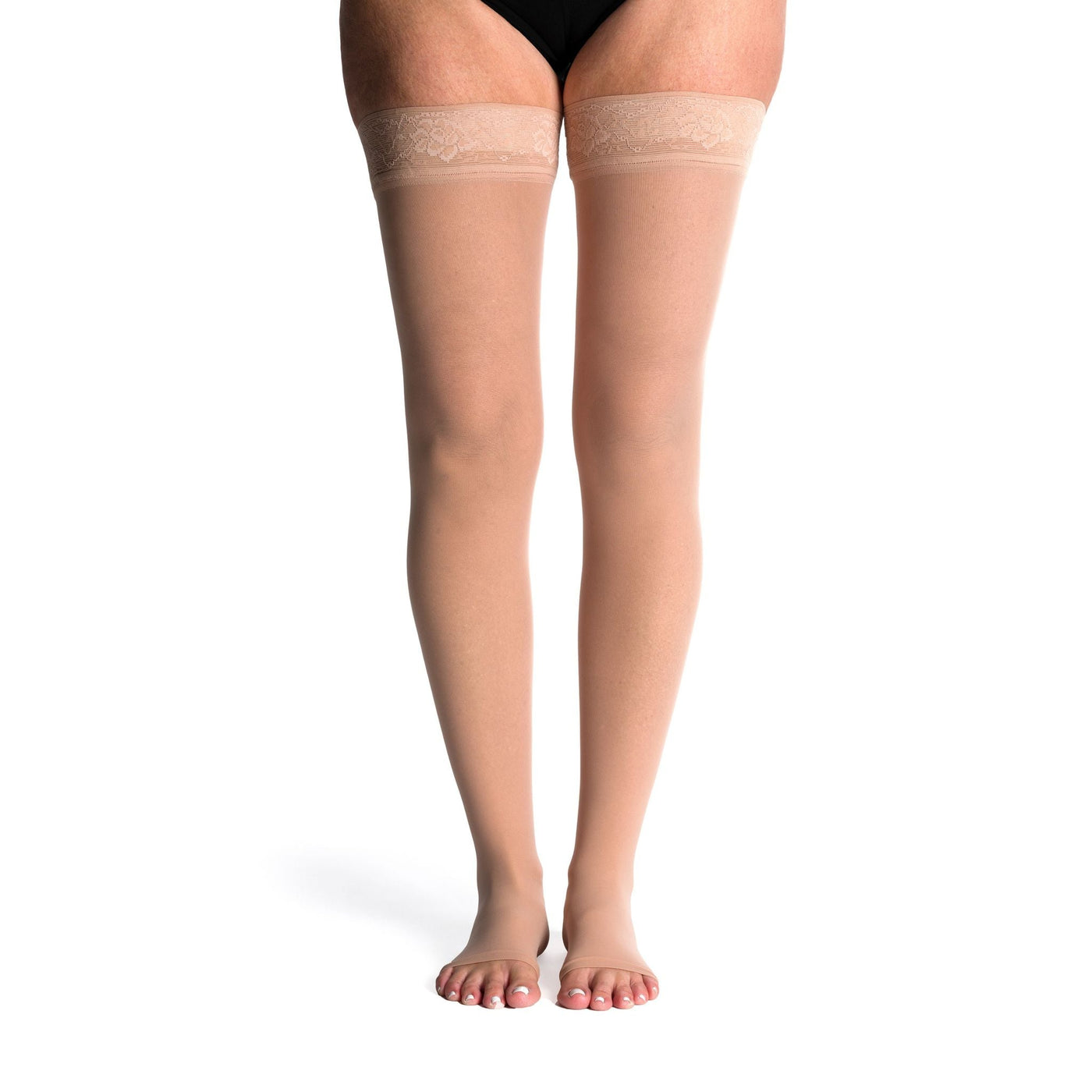 side view of open toe toasted almond thigh high sheer compression socks