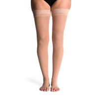 side view of open toe toasted almond thigh high sheer compression socks