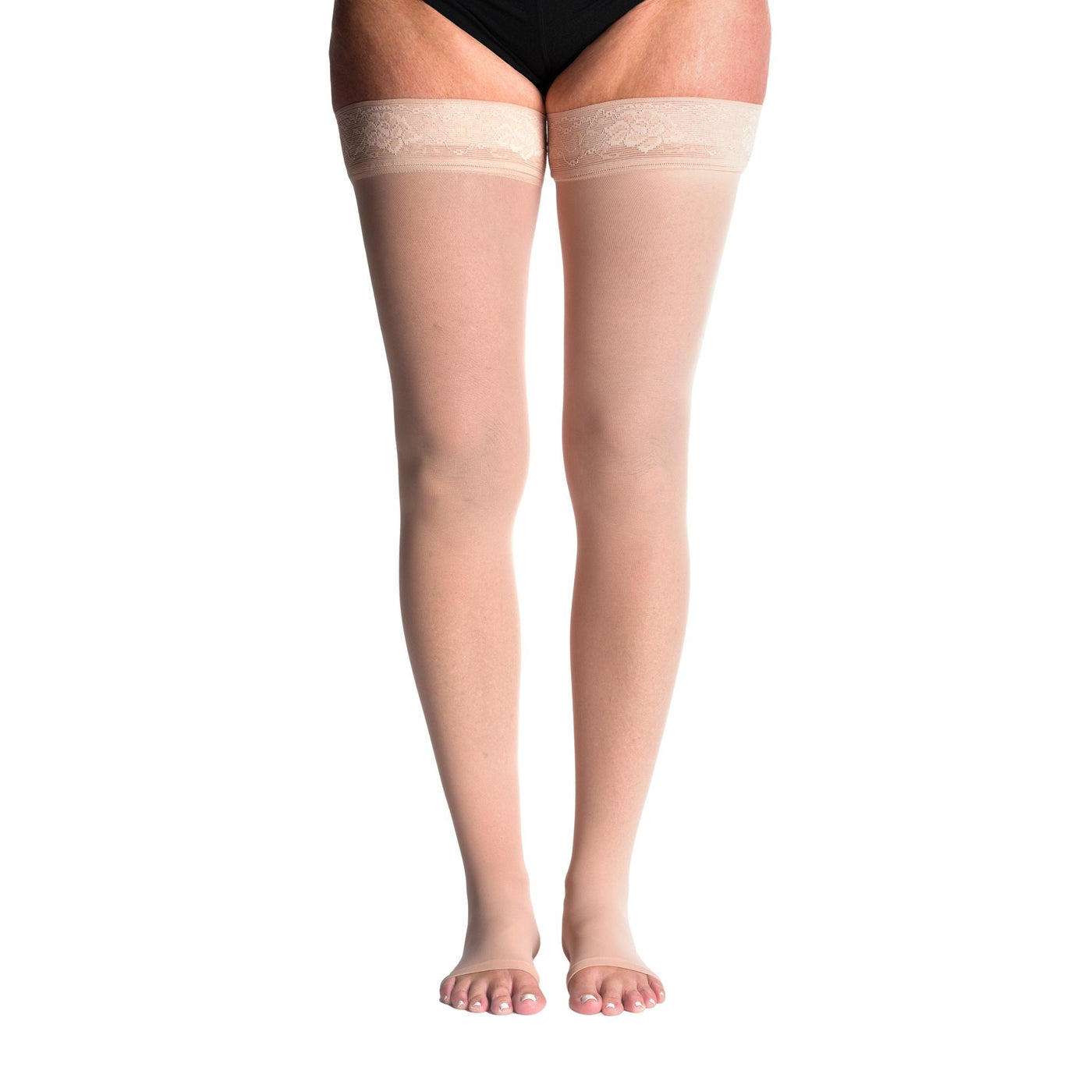 front view of open toe warm sand thigh high sheer compression socks