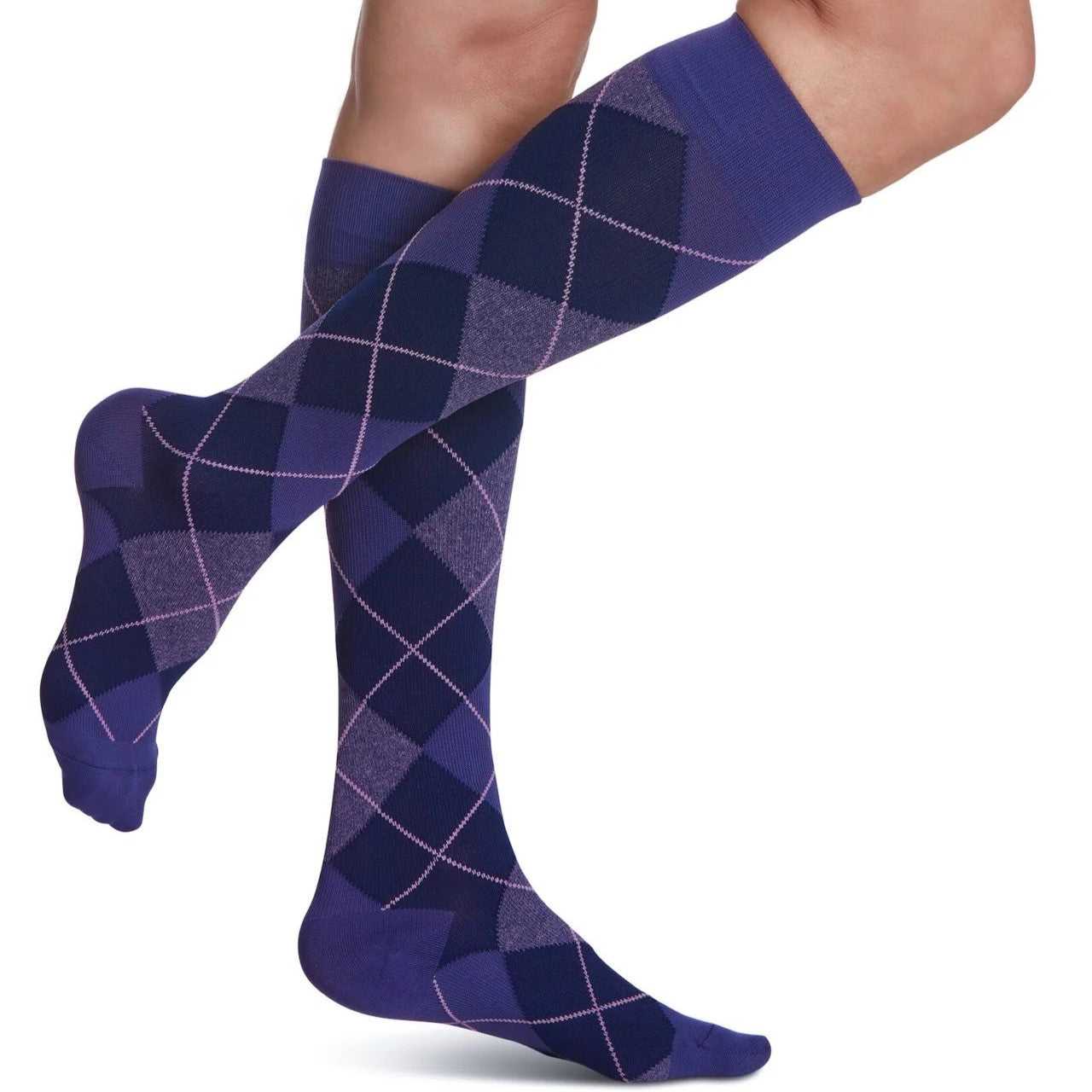 sigvaris-832-microfibre-patterns-compression-sock-knee-high-20-30-mmhg-women-purple-argyle-1-side-view