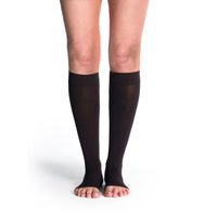 front view of open toe soft opaque black knee high compression socks