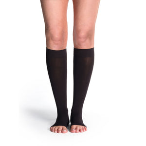 front view of open toe soft opaque black knee high compression socks