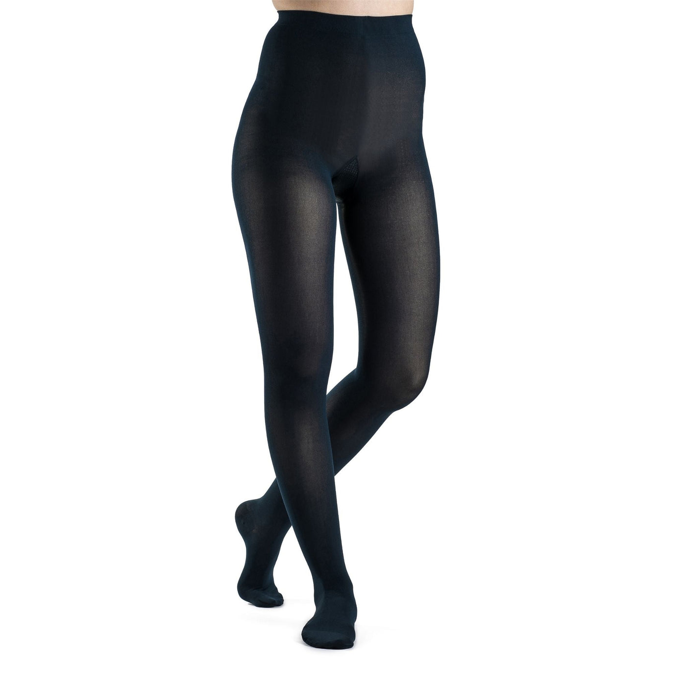 front view of midnight blue soft opaque compression pantyhose
