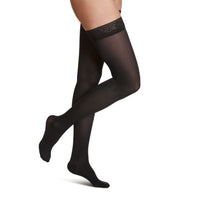 side view of closed toe thigh high black compression socks