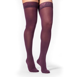side view of mulberry soft opaque thigh high compression socks