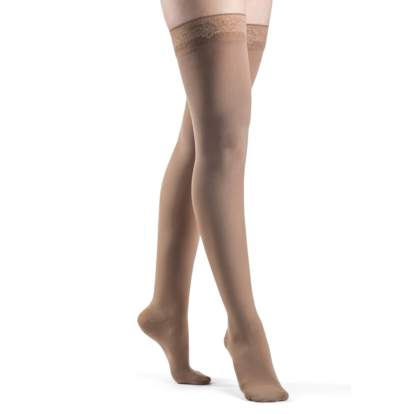side view of pecan soft opaque thigh high compression socks