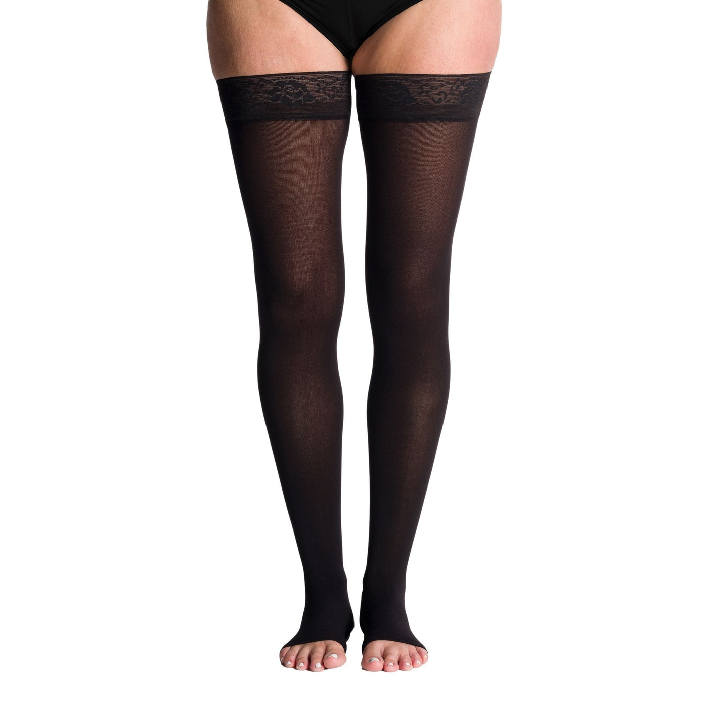 front view of open toe thigh high black compression socks