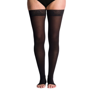 front view of open toe thigh high black compression socks