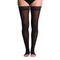 front view of open toe thigh high black compression socks