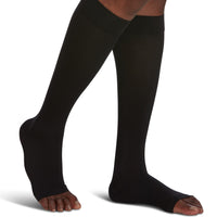 sigvaris-860-opaque-compression-sock-knee-high-unisex-black-open-toe-1-front-view