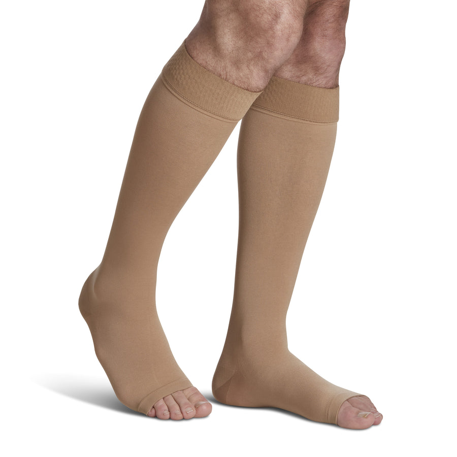 sigvaris-860-opaque-compression-sock-knee-high-unisex-light-beige-open-toe-1-front-view