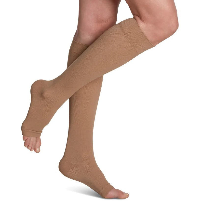 sivgaris-232-233-essential-cotton-compression-sock-knee-high-unisex-light-beige-opened-toe-1-side-view